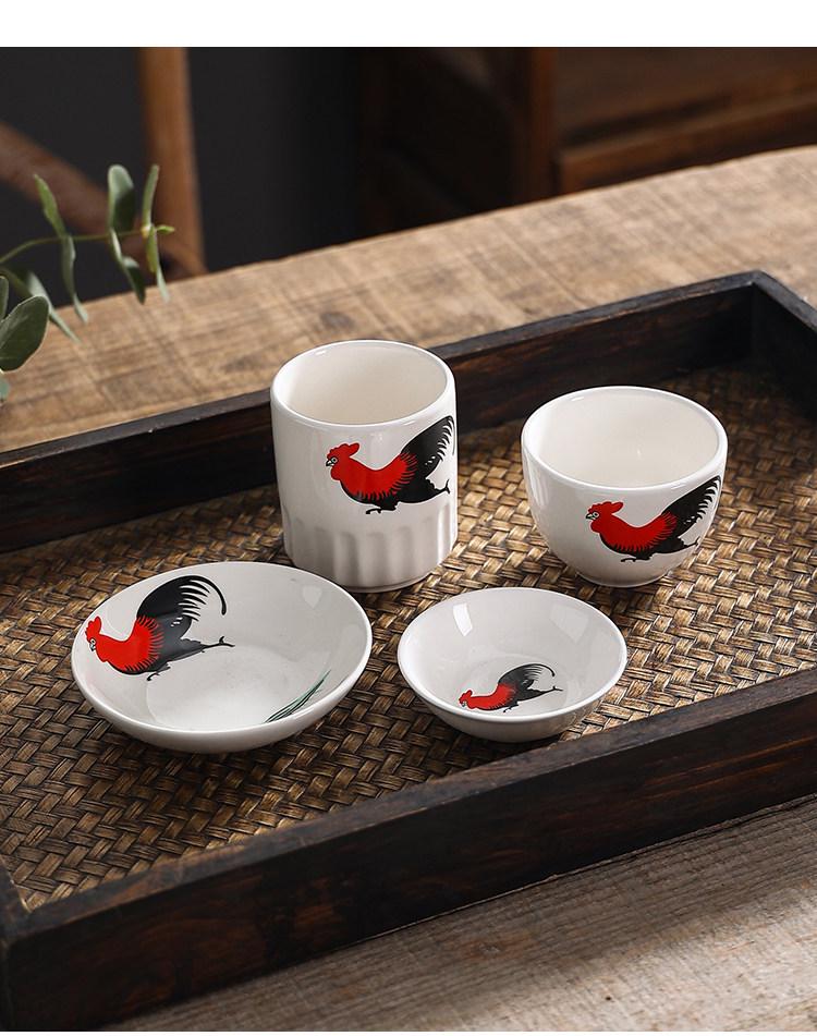 Retro Rooster Ceramic Dish - Vintage Han Dynasty Style for Snacks, Sauces & Seasoning, Ideal for Home, Hotel & Restaurant Use.