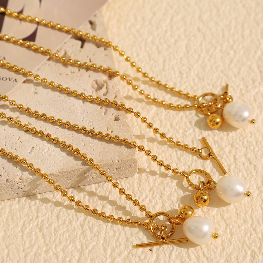 European and American OT buckle pearl pendant necklace female ins design sense titanium steel cold wind collarbone chain