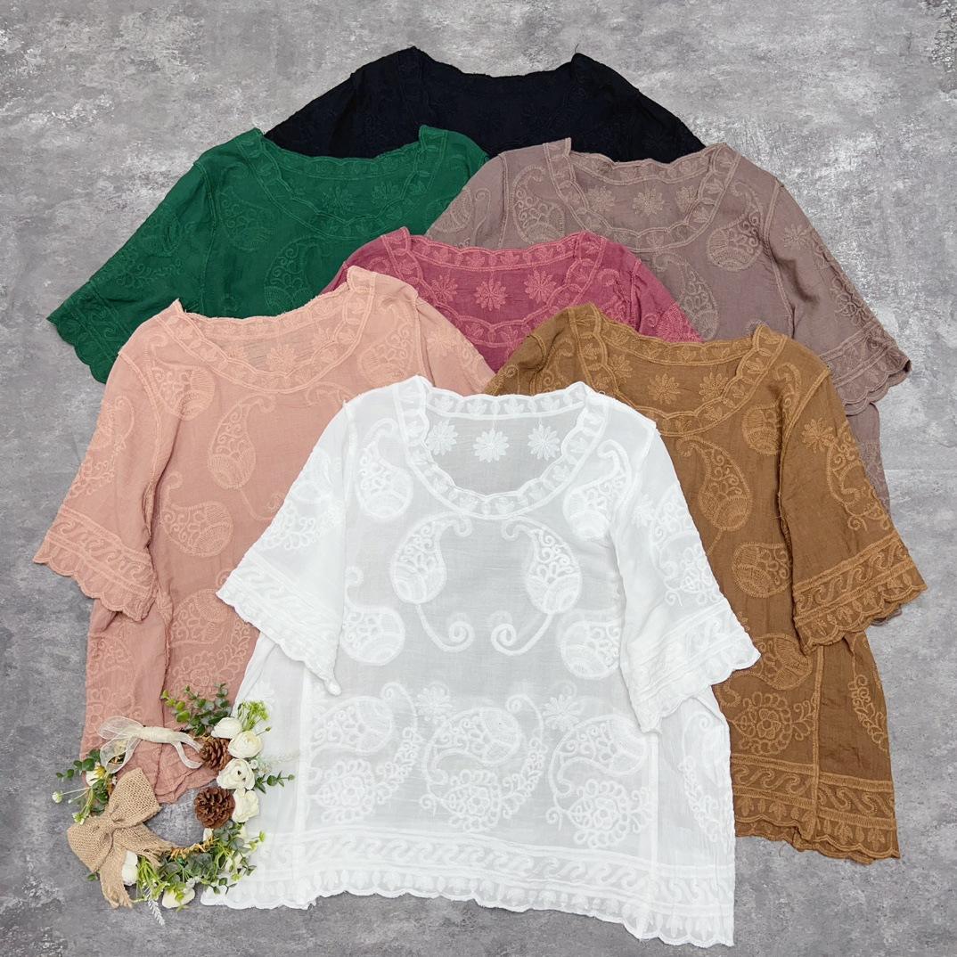 

Johnature Японская хлопковая футболка Mori с семицветной вышивкой и цветком кешью, женские летние топы с короткими рукавами, тонкие женские One Size зелёный