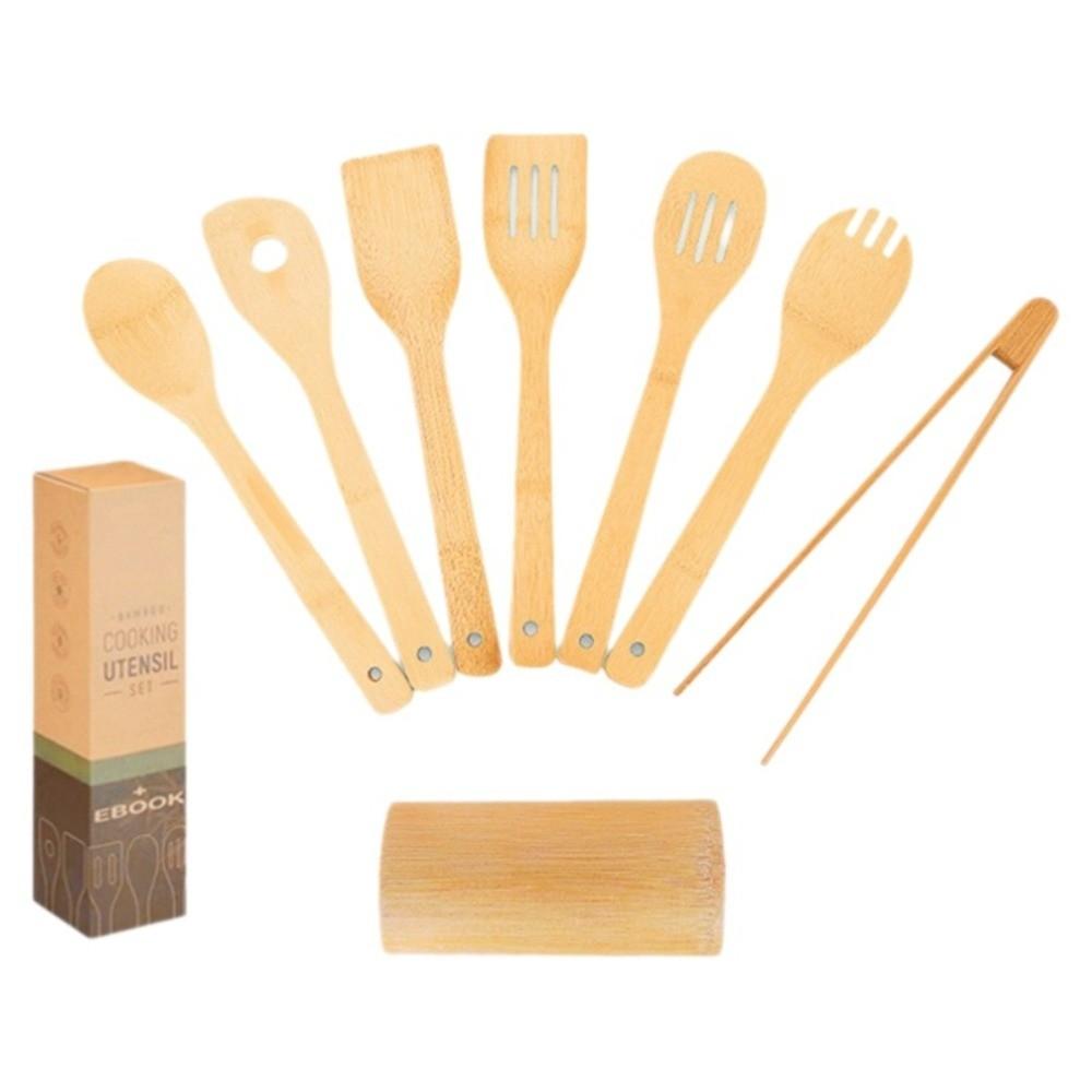 8pcs Natural Bamboo Spatula Spoon Long Handle Slotted Turner Non Stick Pan Spatula  Household