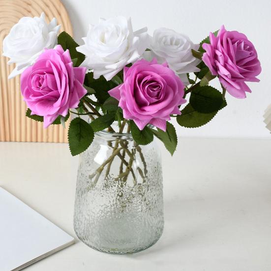 Artificial Rose with Green Leaves Realistic Fake Flower Stem Home Office Wedding Party