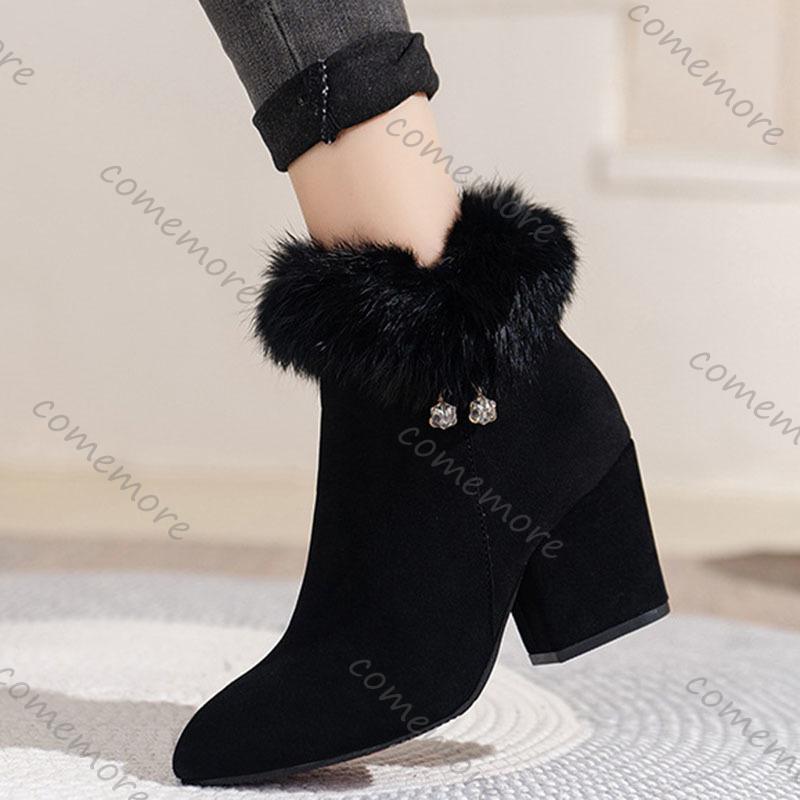 Fashion Comemore New Padded Ankle Boots Pointed Head Rhinestone Cotton Women's Shoes Casual Chunky High Heels Female Fur Short Botines