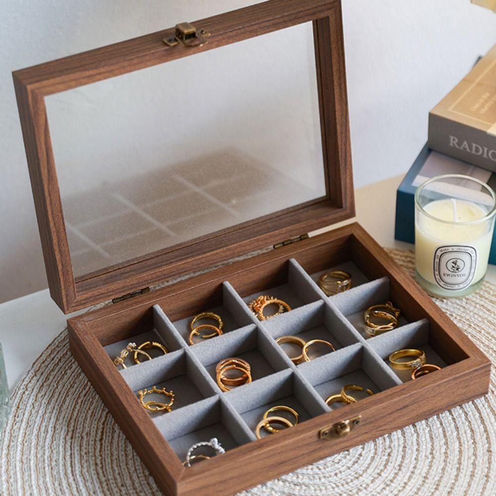 Glass Lid Jewelry Organizer Velvet Ring Display Holder Retro Wood Jewelry Box  Store