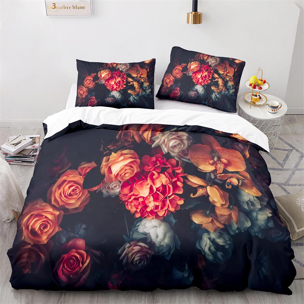 Rote Rose Königin König Bettbezug 3D Schönes Blumen-Thema Bettwäsche-Set Für Frauen Mädchen Romantische Florale Bettdecke Kissenbezug