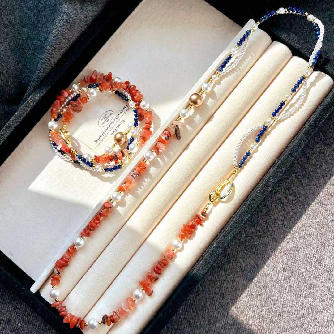 Vintage Artificial Crystal Pearl Natural Lapis Lazuli Nanhong Double Necklace Collarbone Chain