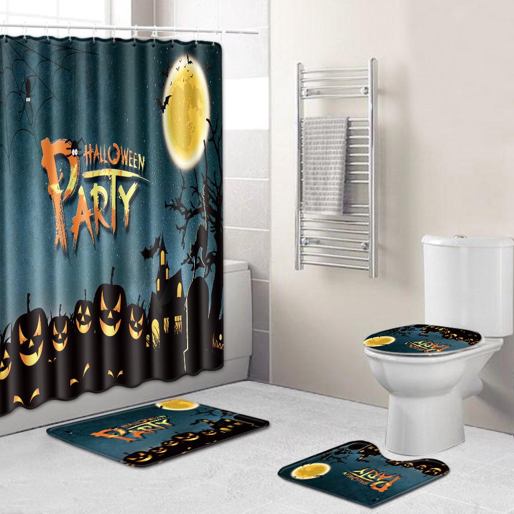 Halloween Shower Curtain Floor Mat Combination Four-Piece Set Bathroom Toilet Carpet Shower Room Foot Mat