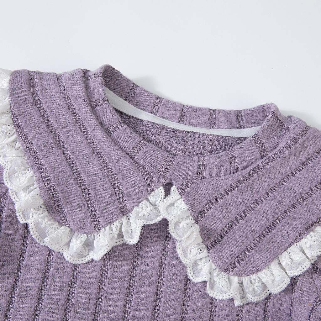 Girls' Autumn and Winter Knitted High Neck Lace Edge Patchwork Top+contrasting Pants Set, A Must-have for Casual and Versatile Outdoor Wear
