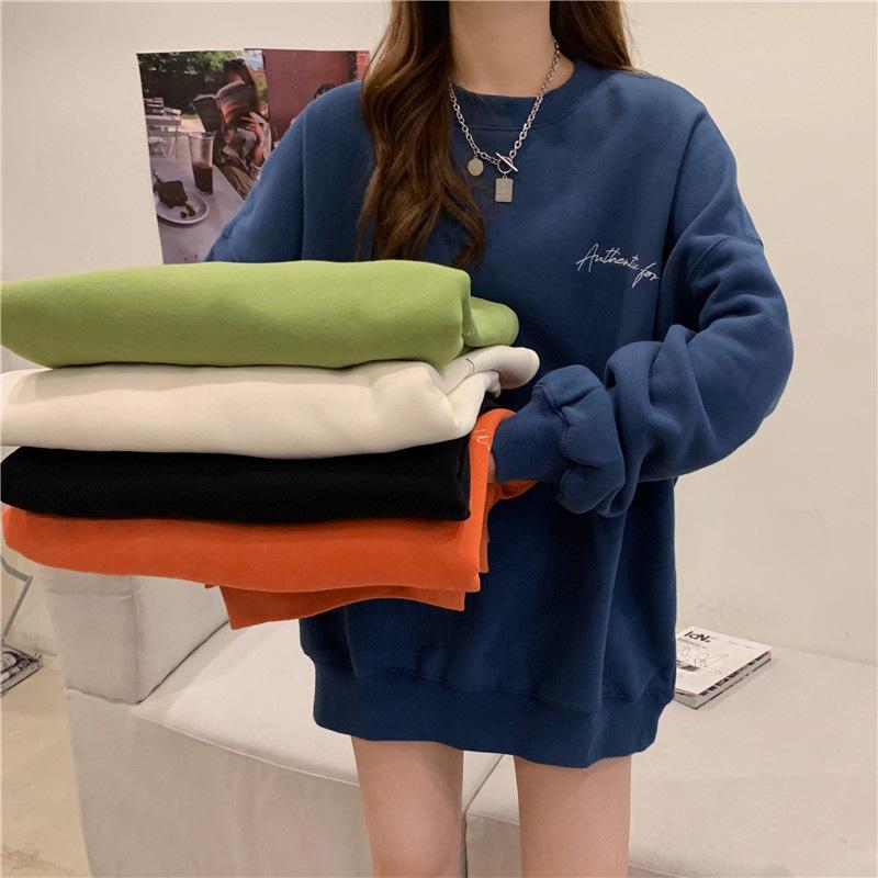 Women Hoodies Harajuku Plus Velvet Thickened Long-sleeved Sweater Women's Autumn and Winter Round Neck Loose Letter Sweater