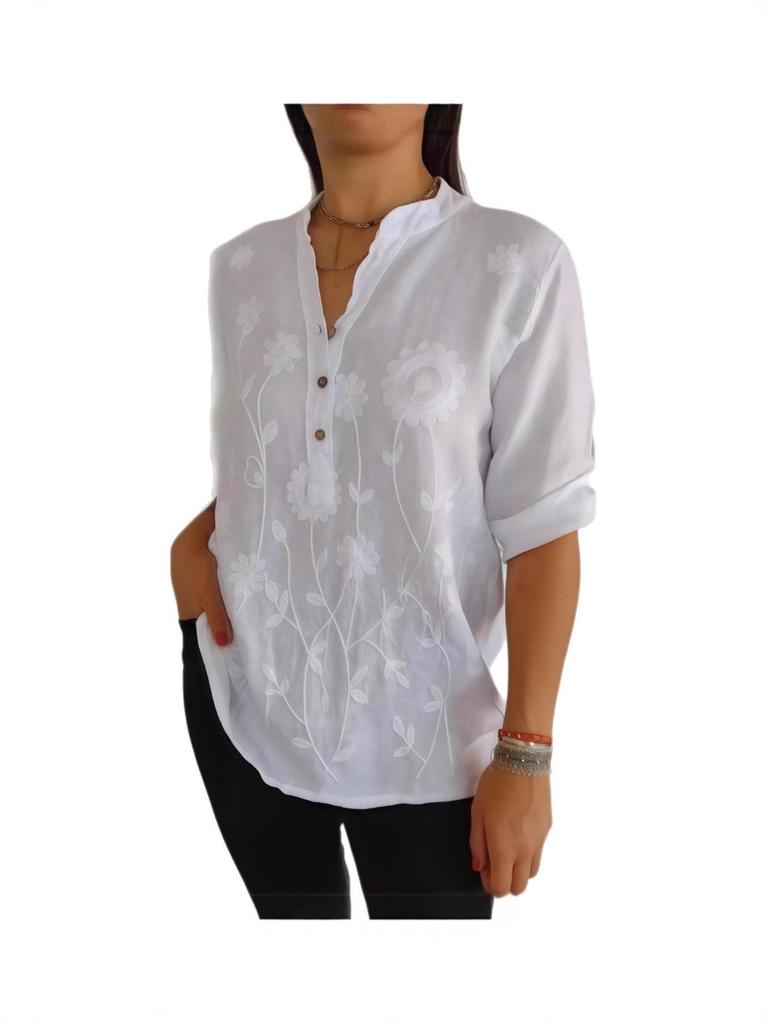 2025 Frühjahr/Sommer Damen Spitzenstickerei Knopf V-Ausschnitt Shirt