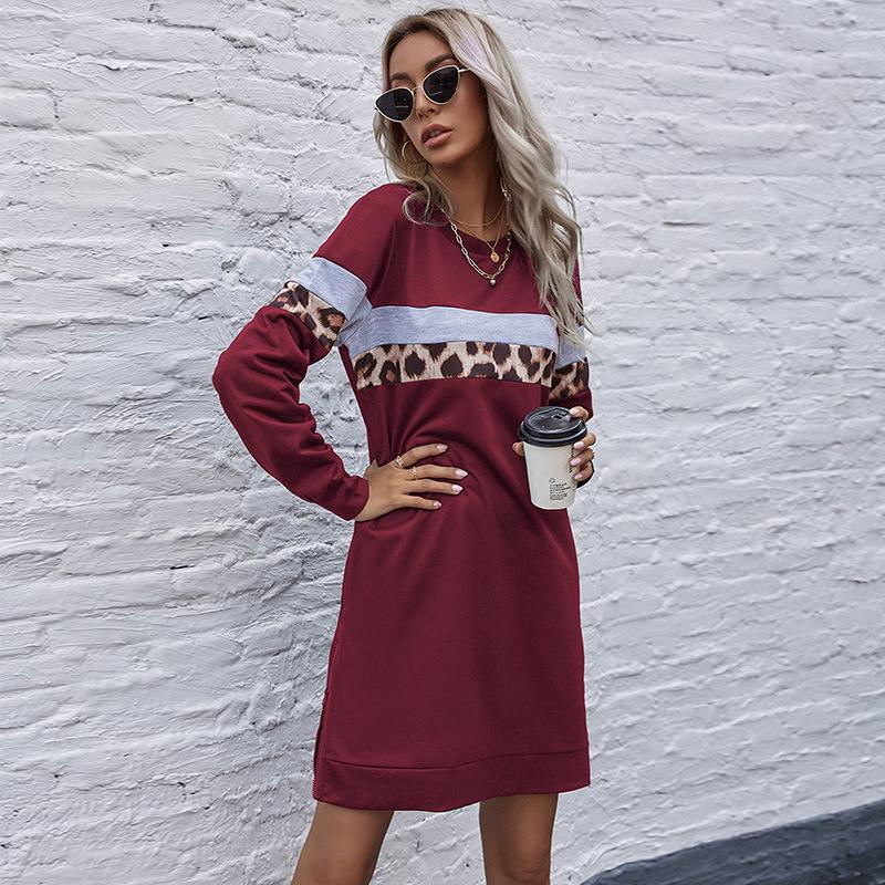 Herbst Damen Street Style Leopard Patchwork Pullover Sweatshirt Kleid