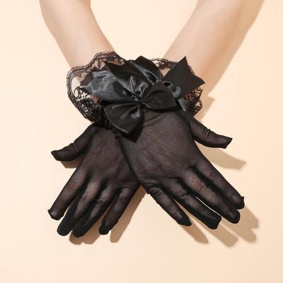 Bridal Wedding Dress Gloves - Women's Short Black Mesh with Lace Trim and Bow