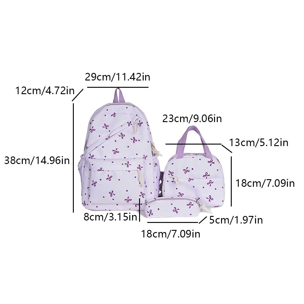 Korean Fashion Bow Print Women Backpack Simple Student Schoolbag Female Bag Set Three-Piece Backpack with Lunch Bag Pencil Case