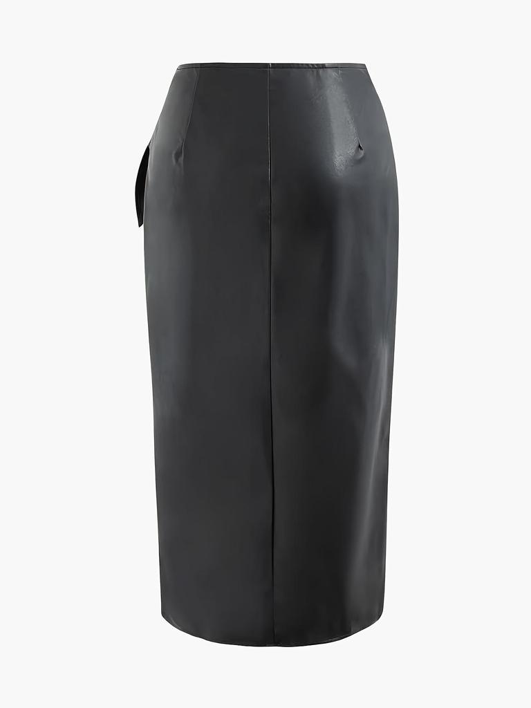 Elegant High-Waisted PU Leather Glossy Slit Skirt with Bow for Women