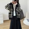 V-neck retro jacquard knitted cardigan women's spring and autumn new casual versatile loose lazy wind sweater jacket