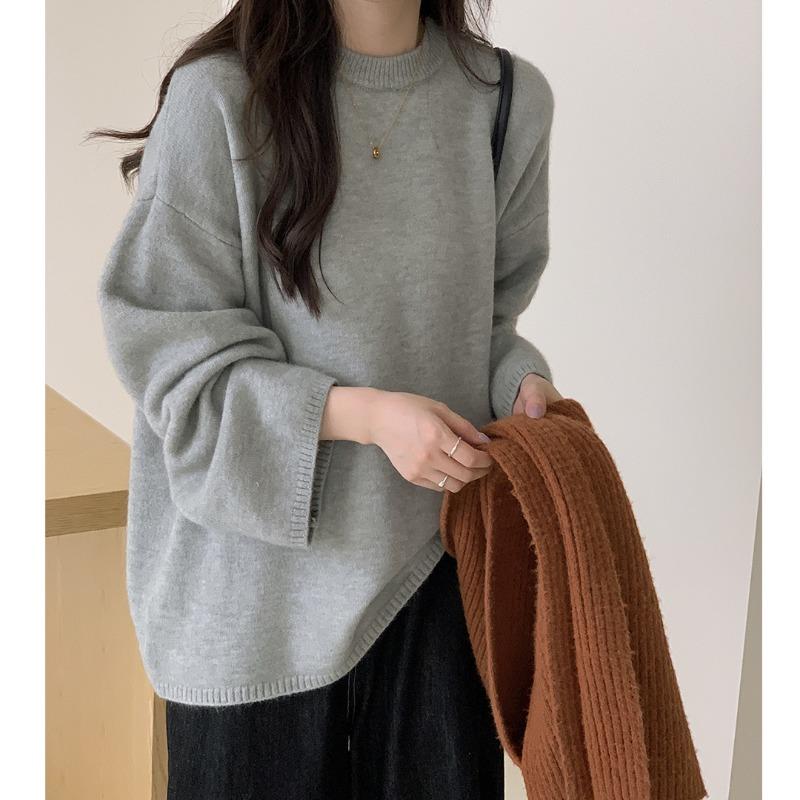 Crew Neck Large Size Pullover Sweater Autumn and Winter New Outer Size Lazy Wind Bottomed Knitted Sweater Women
