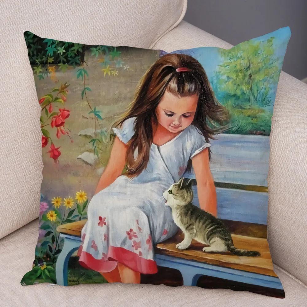 Cute Cartoon Children Cushion Cover Decor Harajuku Oil Painting Lady Pillowcase for Sofa Home Soft Plush Throw Pillow Case