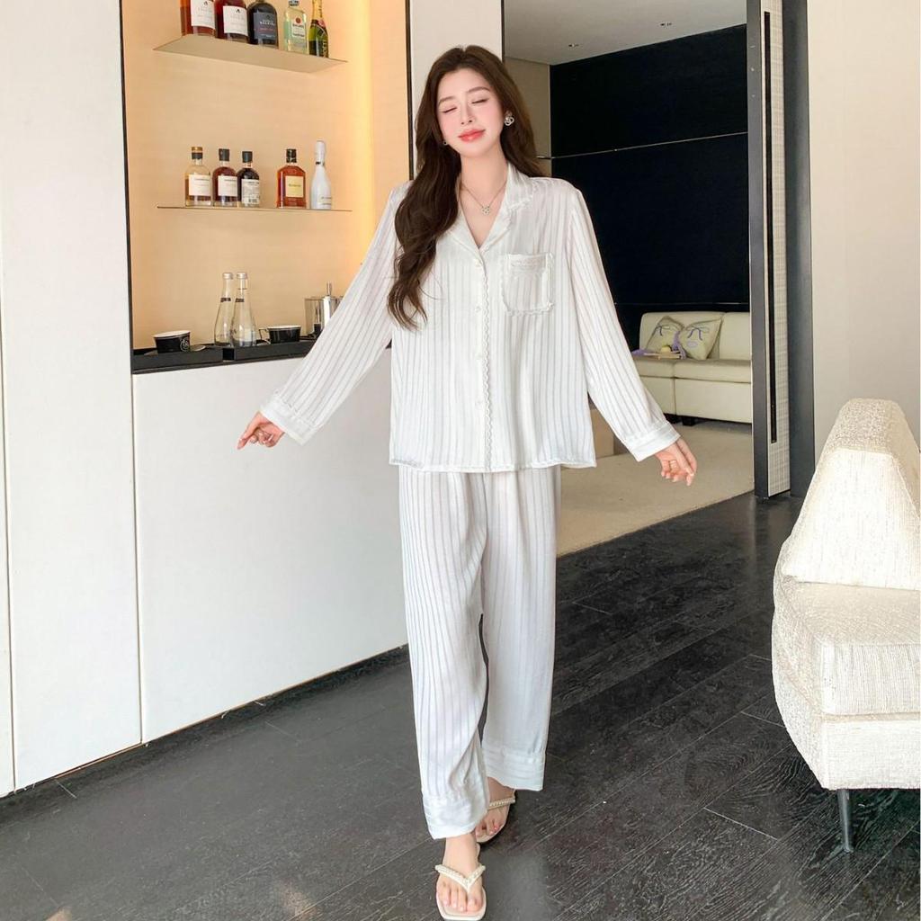 Women's High-End Ice Silk Striped Pajama Set - Spring/Summer Luxury Long Sleeve Jacquard Homewear