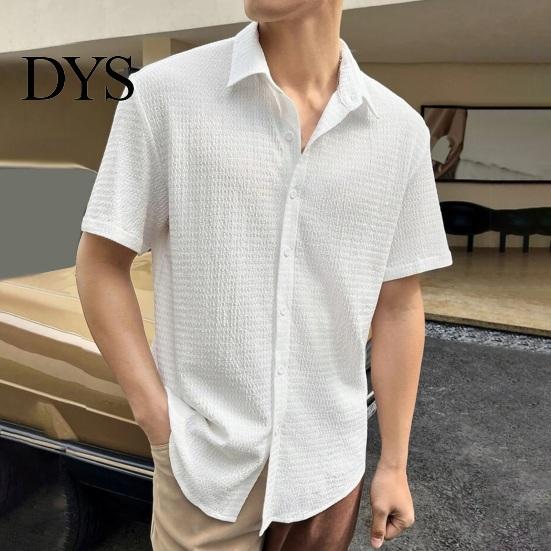 Casual Top Summer Spring Men Shirt Turn-down Collar Water Wave Texture Single-breasted Commute Loose Solid Color Short Sleeves Office
