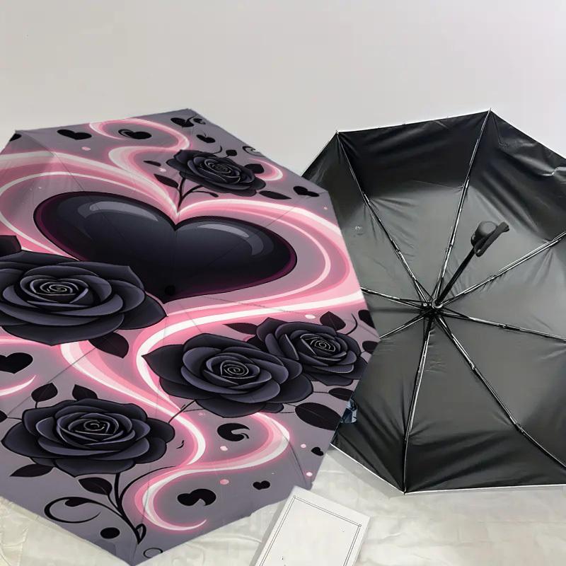 1 Stück Herz Rosen Automatisches Öffnen/Schließen Regenschirm Kompakter Faltregenschirm mit 8-Rippen-Gestänge für Damen/Herren, Elegantes Geburtstags1275S