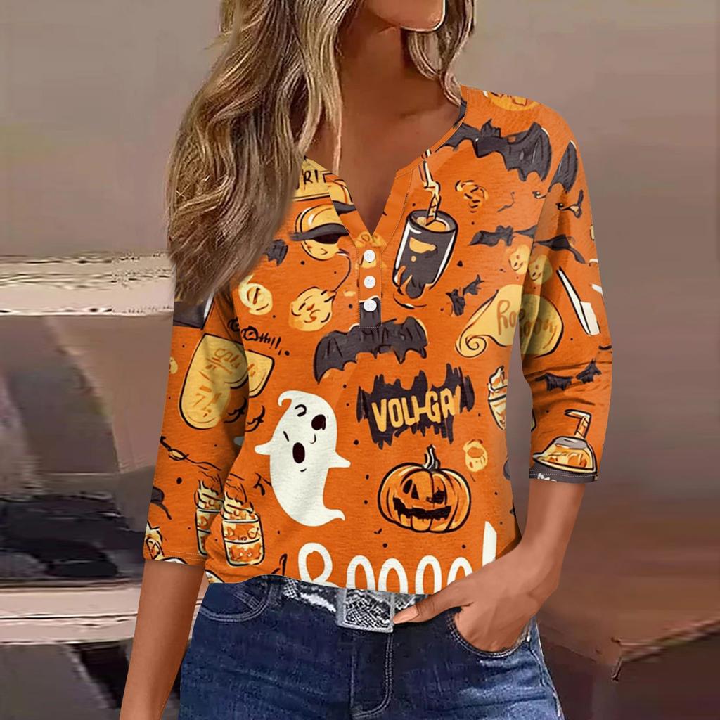 Damen V-Ausschnitt Knopf Halloween Dreiviertelarm T-Shirt Top