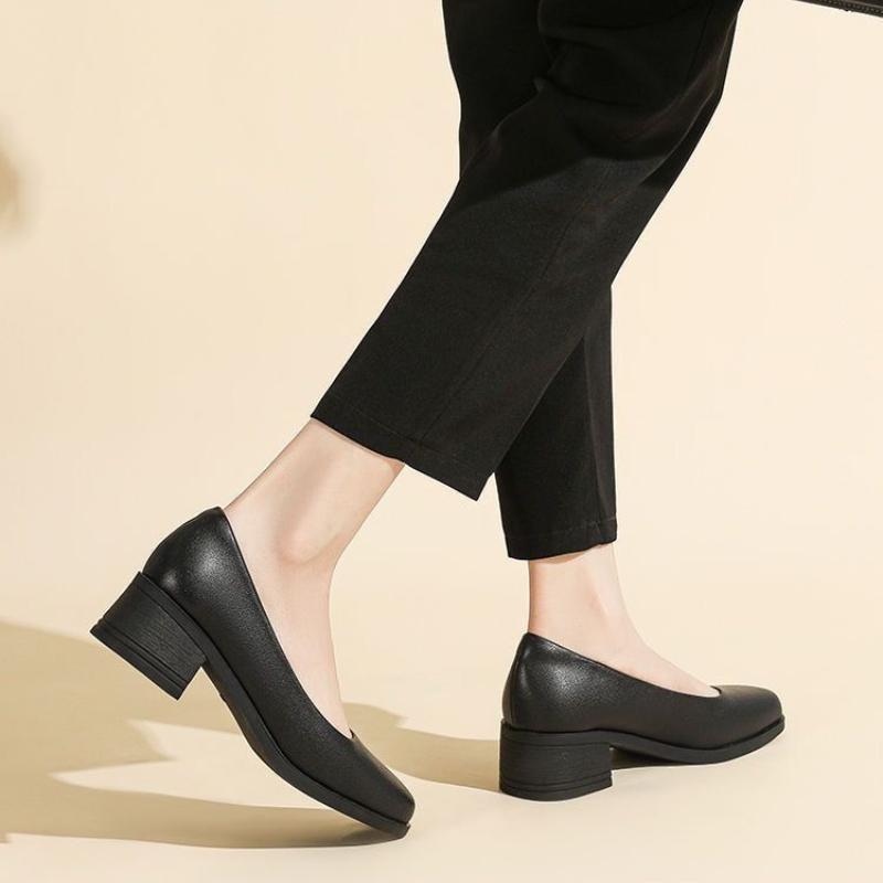 Schwarze hochwertige Damen-High-Heel-Schuhe Klassische Mode Damen Freizeitschuhe Niedrigabsatz Formell Weiches Leder Elegant Arbeitsschuhe