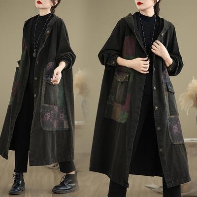Vintage patchwork voľný kabát s džínsovou bundou s kapucňou pre ženy, jesenné oblečenie