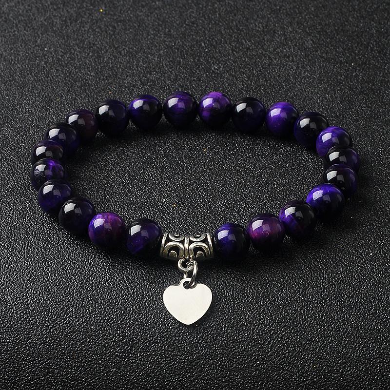 Original Amethyst Heart Charm Bracelets Women 316L Stainless Steel Pendant Bracelets Nature Stone Beaded Couple Jewelry Pulsera