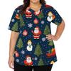Women's V-Neck Short Sleeve Work Shirt with Christmas Print, Pockets and Side Slits