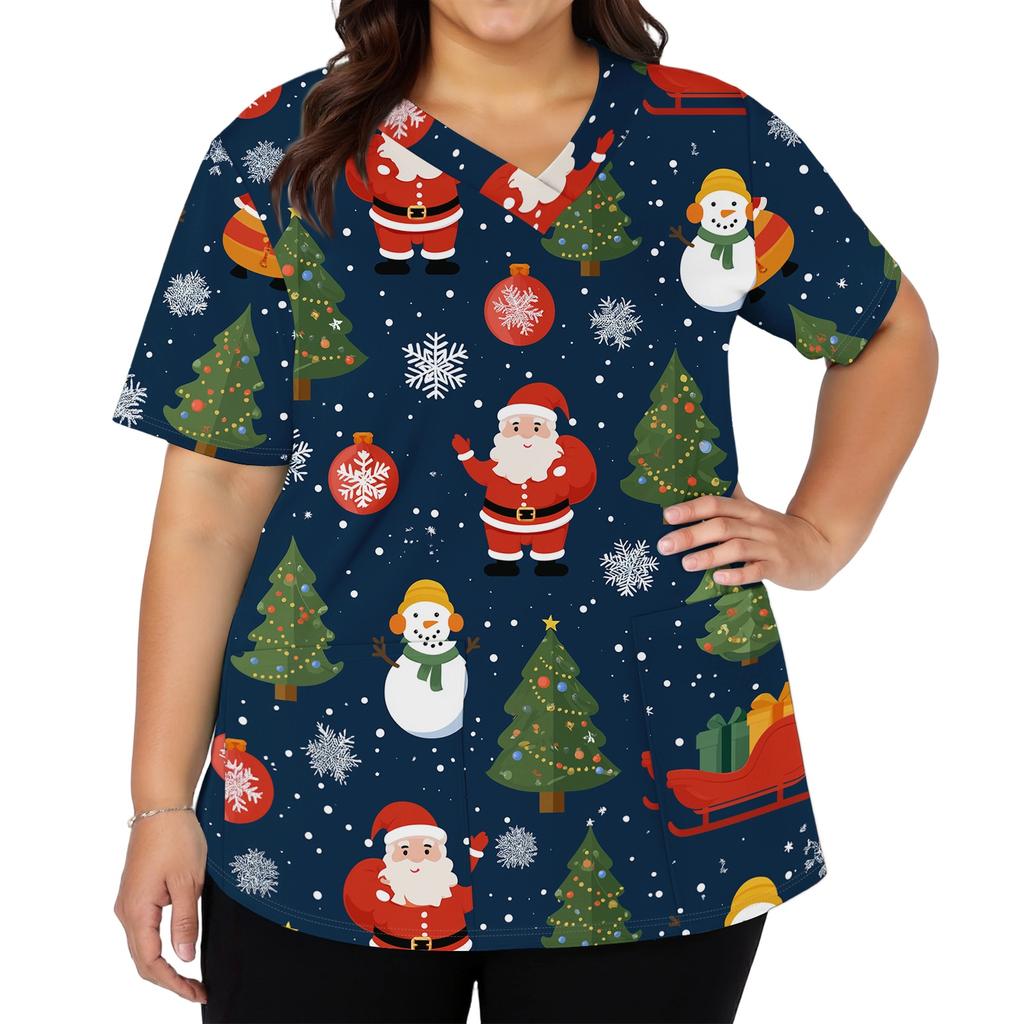 Women's V-Neck Short Sleeve Work Shirt with Christmas Print, Pockets and Side Slits