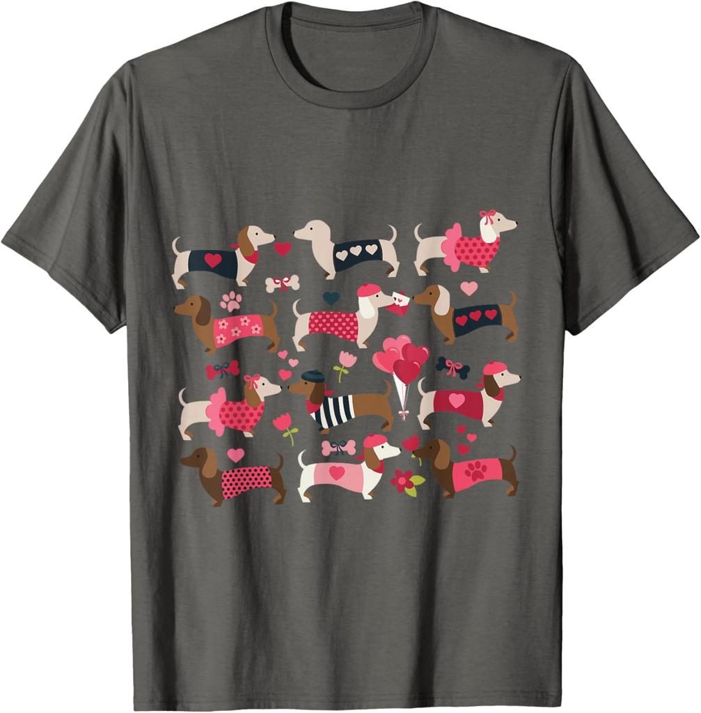 Dachshund Weiner Dog Valentine Heart Print Graphic T-Shirt Casual Daily Crewneck Tee