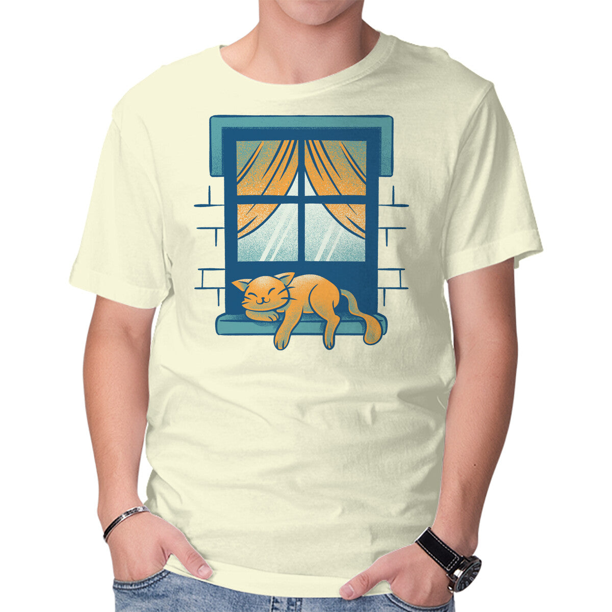 Unisex Crew Neck T-Shirt Relax On Window Graphic Short Sleeve Casual Tee XXXL