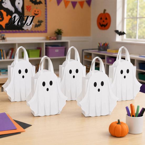 Handle Candy Bag Halloween Ghost Gift Bag, White Pouch with Cute Face, Trick or Tote Treat Favor for Party, Kids Goodie Prizes Holder