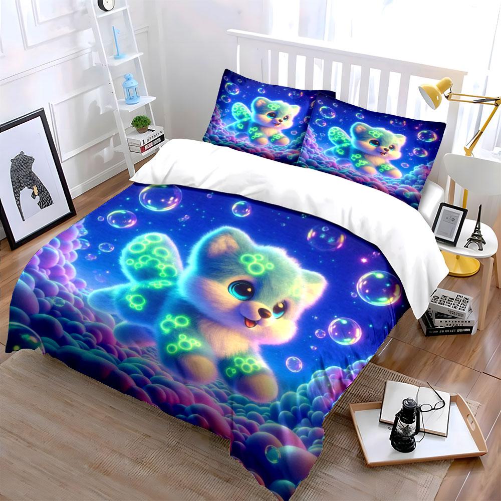 Dreamy Glowing Pup With Bubbles Duvet Cover Set With 3D Printing Design Soft Polyester Bedding Set All-Season Comfort For Gifts