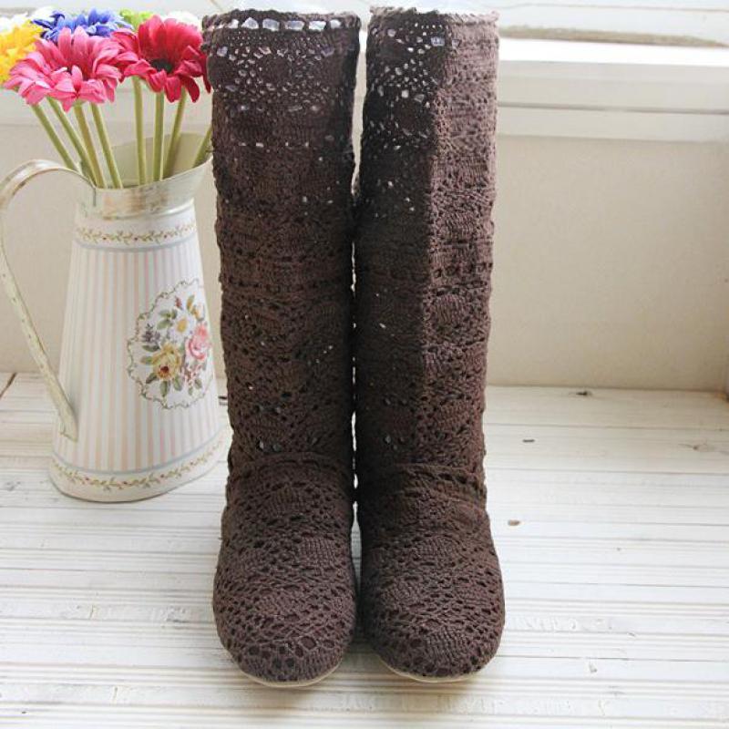 34-43 Women Hollow Boots Breathable Shoes Summer Female Knee High Botas Mesh Knit Line Flats Slip-On Solid Color Ankle Footwear