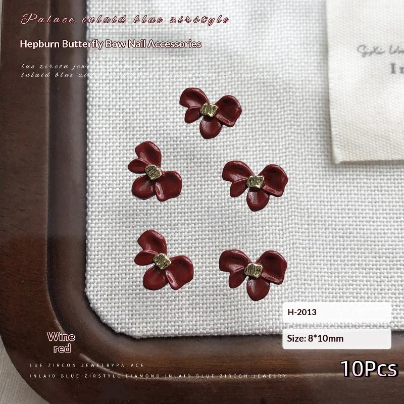 10Pcs Bowknot Nail Charms Metal Wine Red Black White Nail Rhinestone High Quality Stereoscopic Nail Decoration