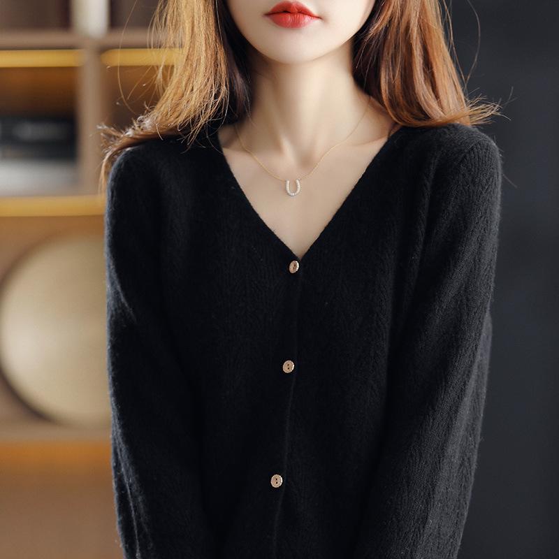 Women's Stylish V-neck Pure Wool Cardigan, Autumn/Winter Loose Knit Outerwear, Thickened Sweater Coat