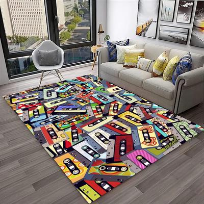 Tapete com Padrão Retro de Fita Cassete Musical 3D para Casa Sala de Estar Quarto Sofá Capacho Decoração, Tapete Infantil para Área de Brincar Tapete de Chão Antiderrapante