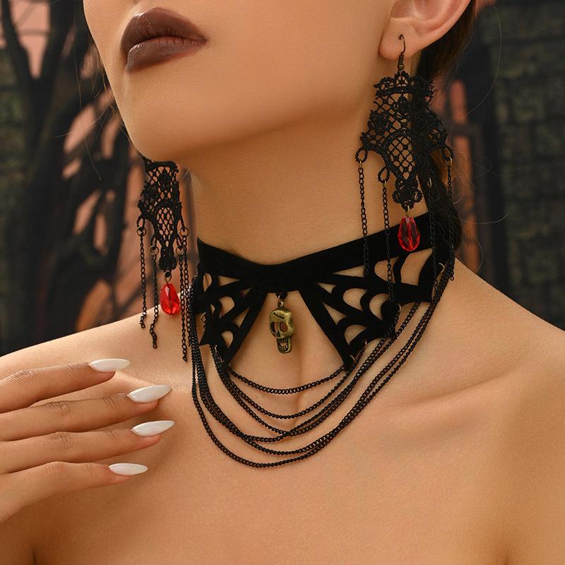 Lace Spider Web Design Necklace Earrings Set Retro Gothic Style Black Lace Choker Necklace Halloween Jewelry