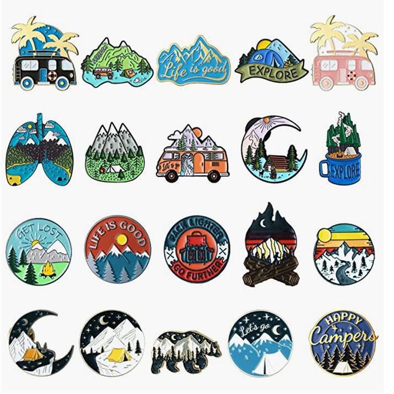 

20PCS Travel Enamel Metal Pins Field Crossing Hiking Scenery Snow Scene Mountain Peak Badges Lapel Brooch For Backpack Clothing