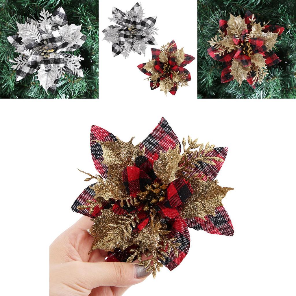 Exquisite 14cm Christmas Tree Decoration With Red And Gold Glittered Flower Design