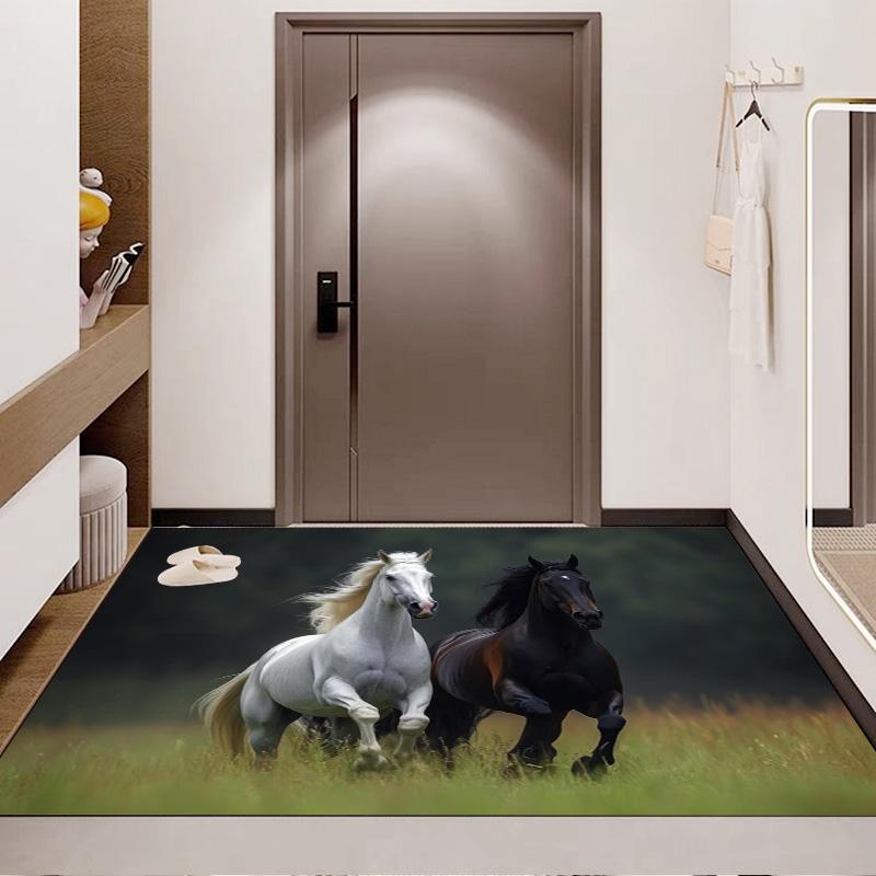 Black And White Running Horses Grassland Oil Painting Area Rug Wildlife Animal Non Slip Rectangular Floor Mat Horse Lover Gaming Bedroom Decor Rug
