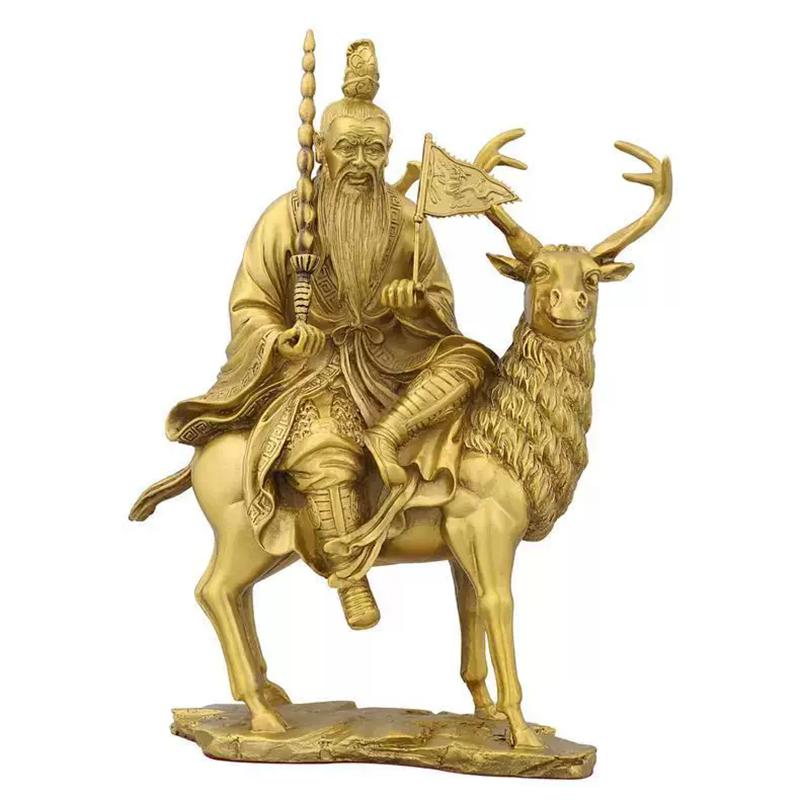 Pure Brass Attracting Wealth Jiang Ziya Statue Riding Deer with God-Striking Whip Taoist Deity for Home