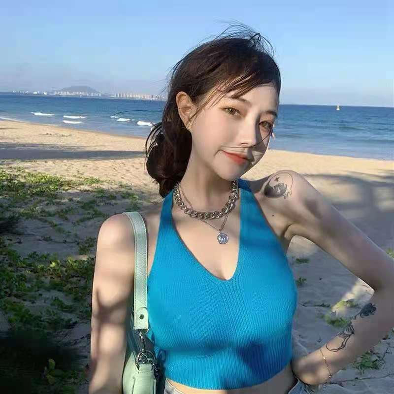 

Женский черный вязаный топ на тонких бретельках - Летний стиль халтер One Size