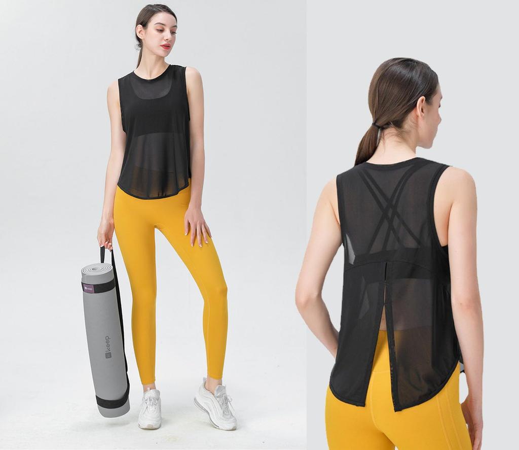 Yuoku Sports Tank Yoga Back Stretch Women's Top, Wear, Sleeveless, See-Through Top, 2-Way Ribbon, Yoga, Fitness, Sheer, Quick-Drying, Lightweight,