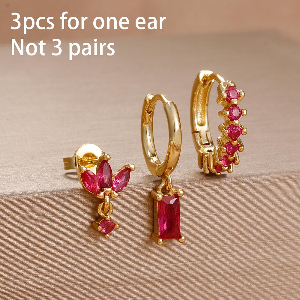 3PCS Rose Red Cubic Zircon Stainless Steel Hoop Earrings Set 18K Gold Plated Huggie Pendant Piercing Earring Women's Jewelry