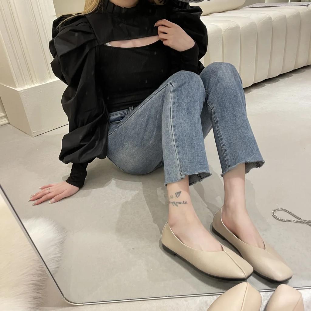 Mode 2025 Frühling Herbst Neue Damen Koreanischer Stil Ins Quadratischer Mund Flach Niedrig Ein Fuß Sprung Flacher Boden Bohnen Bohnen Schuhe