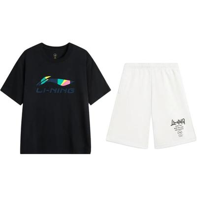 Li Ning Logo Print Letter Round Neck Pullover Short Sleeve T-Shirt Fashion Trendy Versatile Shorts Casual Sports Set Unisex Set AHSVD61-2+AKST593-7