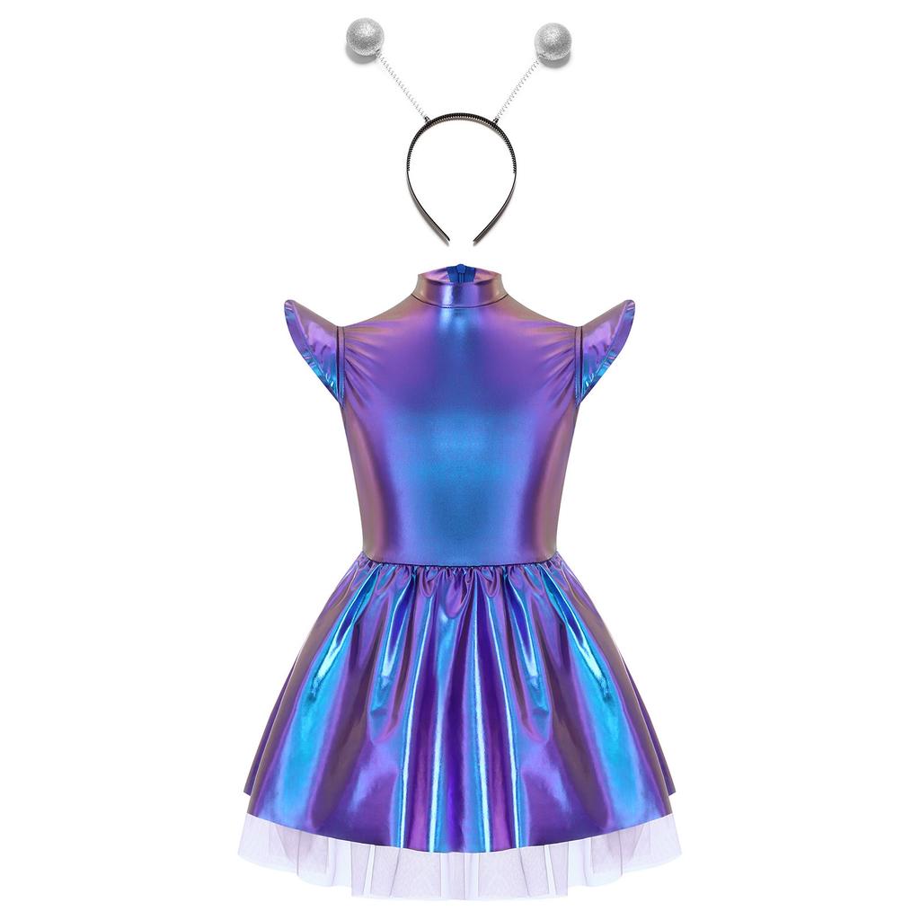 Girls Stage Performance Alien Costume Set: Glossy Mock Neck Dress with Ruffled Tutu & Flying Sleeves, Complete with Hair Hoop