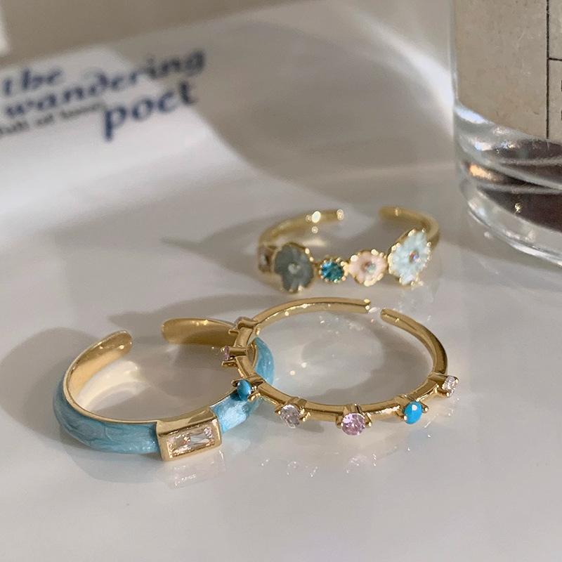 925 Silver Golden Flower Rings For Women Drip Glaze Plant Irregular Adjustable Sweet Jewelry Gift Dropship