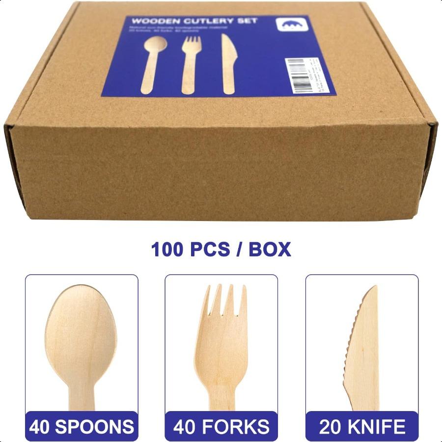 Wooden Cutlery Set Include Fork Spoon Knife100% Natural EcoFriendly BiodegradableandCompostable Alternative to Plastic Cutlery